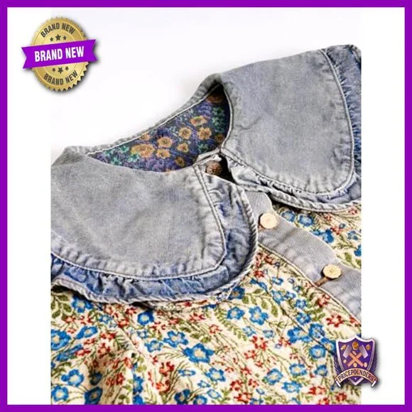 Jacquard Denim Jacket Peter Pan Collar Floral Crop Shacket Vintage Romantic